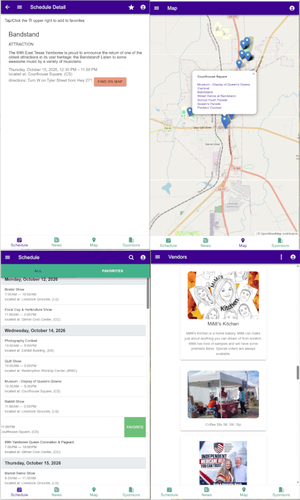 4 screenshots of the Yamboree on Festiviti App