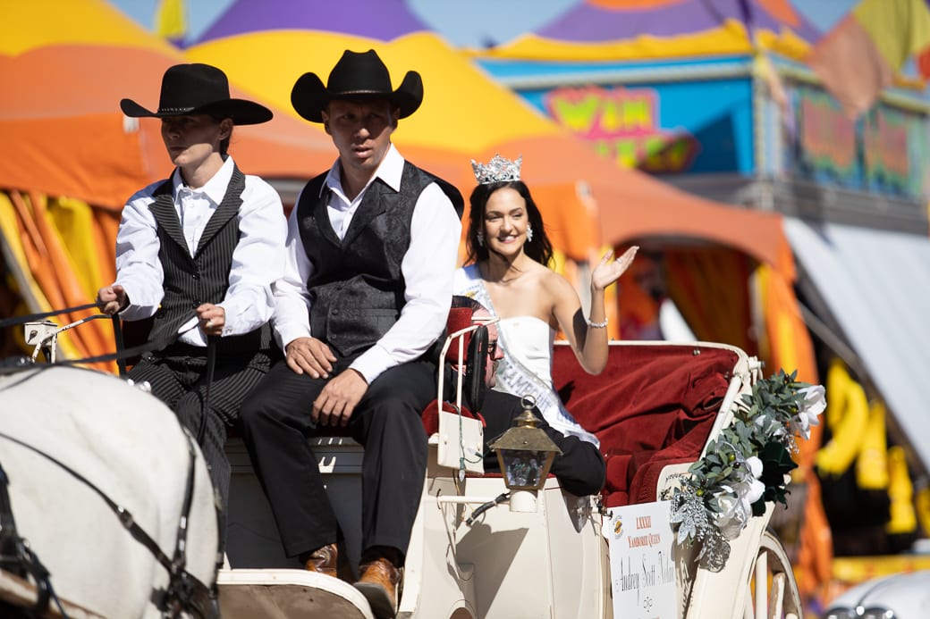 Two people in cowboy hats riding in a horse drawn carriage.