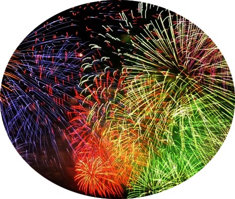 Colorful fireworks display in a circular frame.