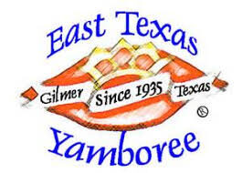 Logo of the east texas yamboree festival, featuring stylized text and an illustration of lips with a yam.
